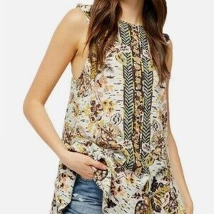 Free People Summer In Tulum L Floral Linen Blend Tiered Tunic Top Boho Festival
